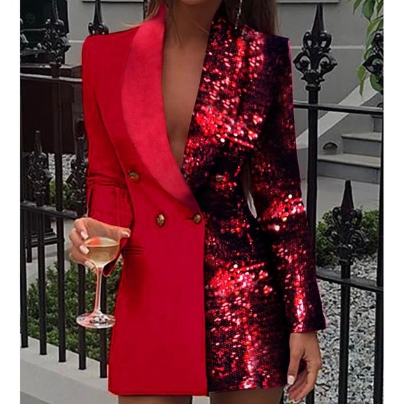 Color Block Sequin Long Sleeve Blazer 